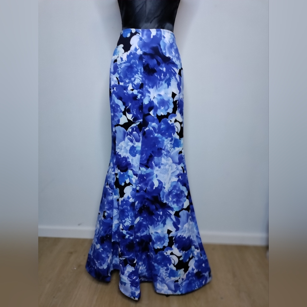 My Michelle Blue and White Asymmetrical Strapless Gown